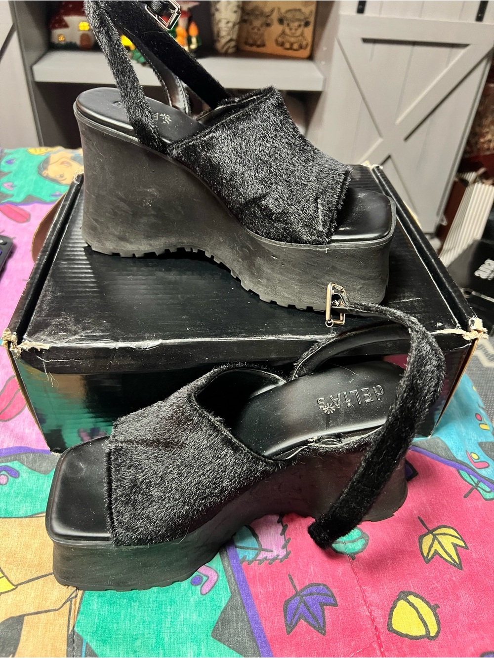 dELiA*s Black Faux-Fur Platform Wedge Sandals